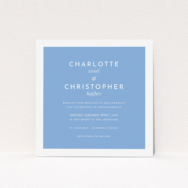 A personalised wedding invite named "Script switch". It is a square (148mm x 148mm) invite in a square orientation. "Script switch" is available as a flat invite, with tones of blue and white.