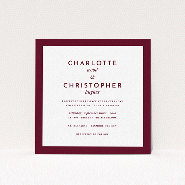 A personalised wedding invite template titled "Script switch". It is a square (148mm x 148mm) invite in a square orientation. "Script switch" is available as a flat invite, with tones of burgundy and white.