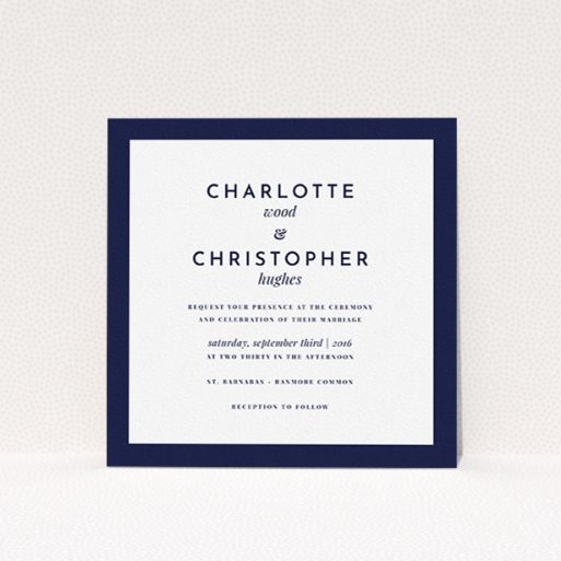 A personalised wedding invite design called "Script switch". It is a square (148mm x 148mm) invite in a square orientation. "Script switch" is available as a flat invite, with tones of navy blue and white.