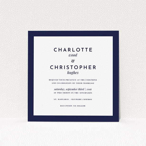 A personalised wedding invite design called "Script switch". It is a square (148mm x 148mm) invite in a square orientation. "Script switch" is available as a flat invite, with tones of navy blue and white.