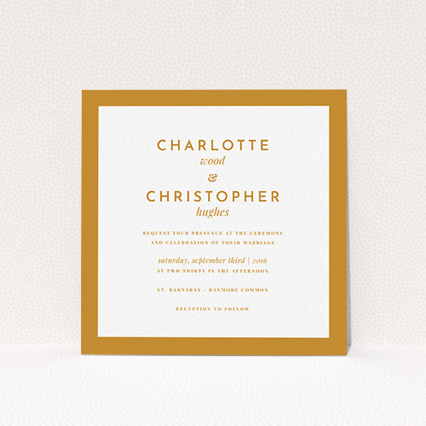 A personalised wedding invite design called "Script switch". It is a square (148mm x 148mm) invite in a square orientation. "Script switch" is available as a flat invite, with tones of orange and white.