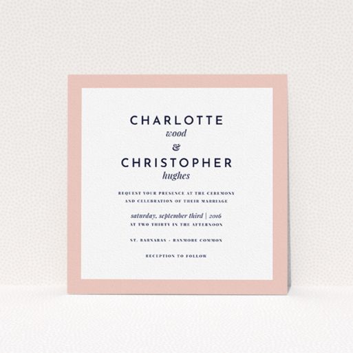 A personalised wedding invite named "Script switch". It is a square (148mm x 148mm) invite in a square orientation. "Script switch" is available as a flat invite, with tones of pink and white.