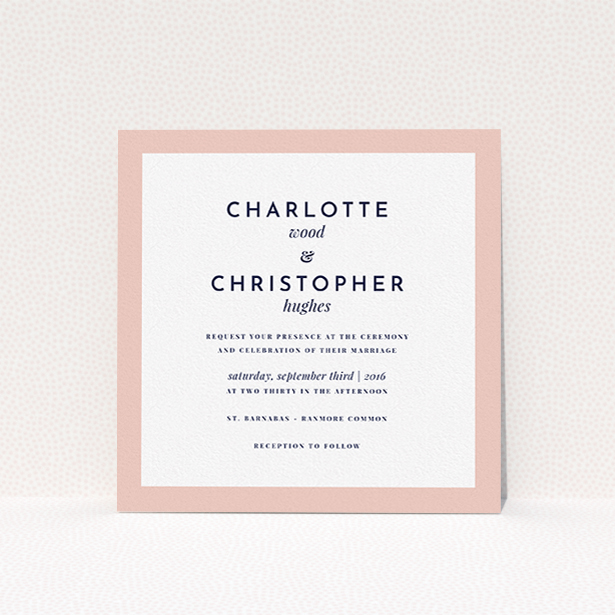 A personalised wedding invite named "Script switch". It is a square (148mm x 148mm) invite in a square orientation. "Script switch" is available as a flat invite, with tones of pink and white.