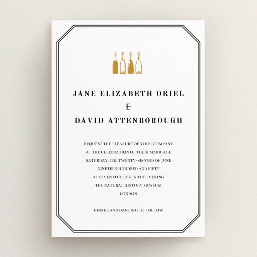 A personalised wedding invite design named "See you at the reception". It is an A5 invite in a portrait orientation. "See you at the reception" is available as a flat invite, with tones of gold and black.
