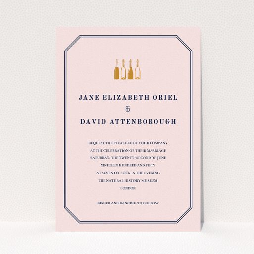 A personalised wedding invite design titled "See you at the reception". It is an A5 invite in a portrait orientation. "See you at the reception" is available as a flat invite, with mainly pink colouring.