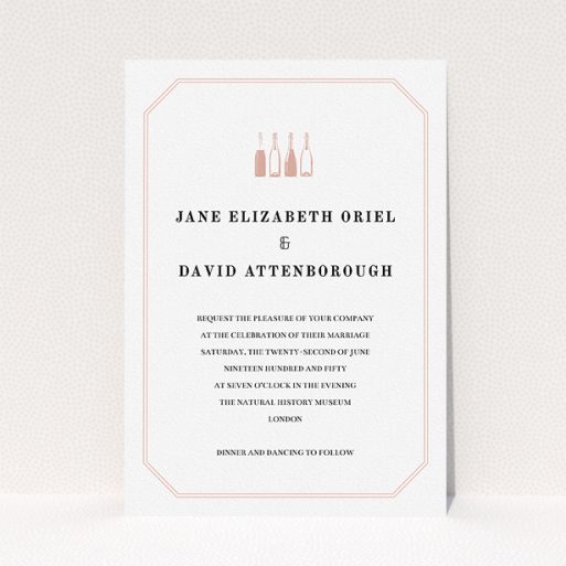 A personalised wedding invite design called "See you at the reception". It is an A5 invite in a portrait orientation. "See you at the reception" is available as a flat invite, with tones of pink and white.