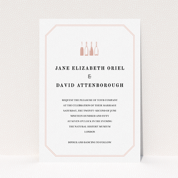 A personalised wedding invite design called "See you at the reception". It is an A5 invite in a portrait orientation. "See you at the reception" is available as a flat invite, with tones of pink and white.