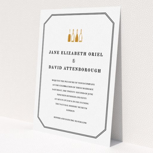 A personalised wedding invite design named 'See you at the reception'. It is an A5 invite in a portrait orientation. 'See you at the reception' is available as a flat invite, with tones of gold and black.