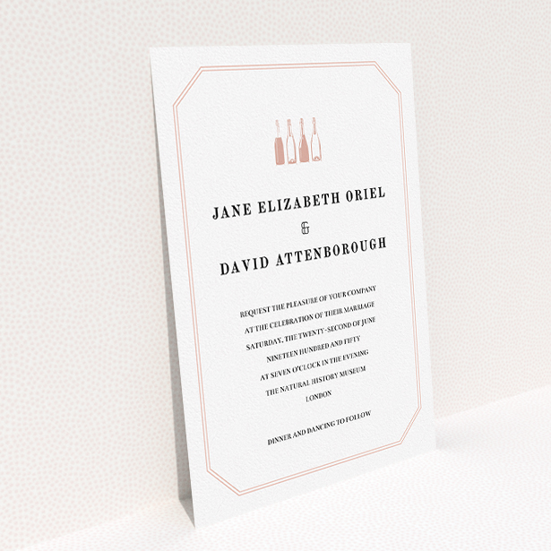 A personalised wedding invite design called "See you at the reception". It is an A5 invite in a portrait orientation. "See you at the reception" is available as a flat invite, with tones of pink and white.