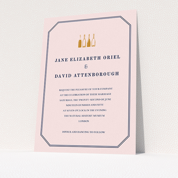 A personalised wedding invite design titled "See you at the reception". It is an A5 invite in a portrait orientation. "See you at the reception" is available as a flat invite, with mainly pink colouring.