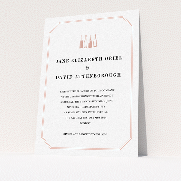 A personalised wedding invite design called "See you at the reception". It is an A5 invite in a portrait orientation. "See you at the reception" is available as a flat invite, with tones of pink and white.