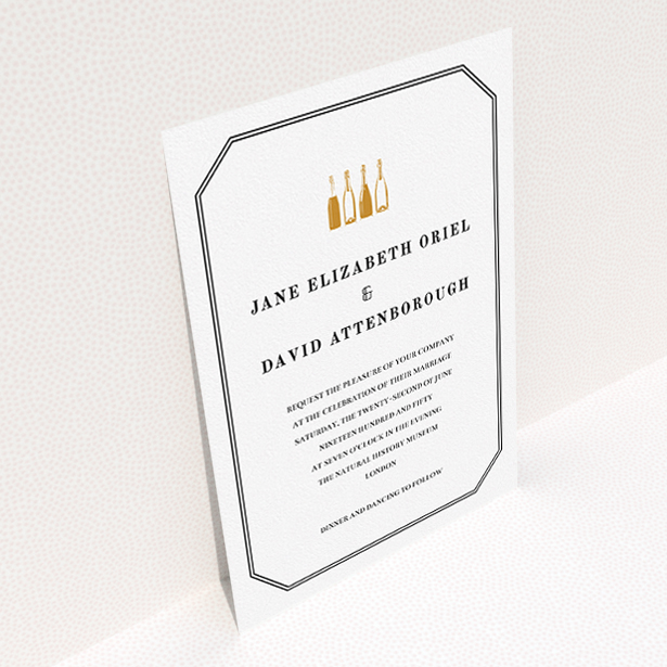 A personalised wedding invite design named "See you at the reception". It is an A5 invite in a portrait orientation. "See you at the reception" is available as a flat invite, with tones of gold and black.