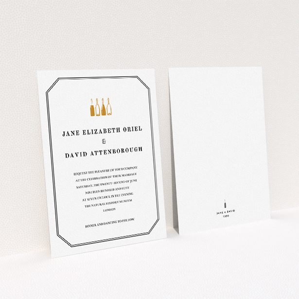 A personalised wedding invite design named "See you at the reception". It is an A5 invite in a portrait orientation. "See you at the reception" is available as a flat invite, with tones of gold and black.