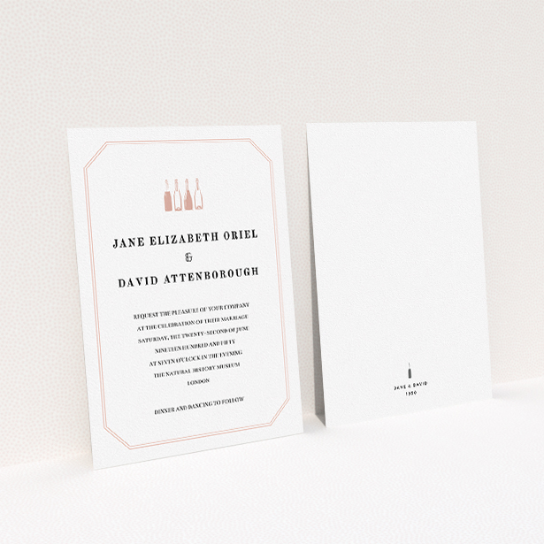 A personalised wedding invite design called "See you at the reception". It is an A5 invite in a portrait orientation. "See you at the reception" is available as a flat invite, with tones of pink and white.