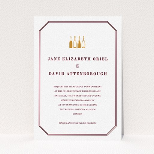 A personalised wedding invite design titled "See you at the reception". It is an A6 invite in a portrait orientation. "See you at the reception" is available as a flat invite, with tones of burgundy and white.