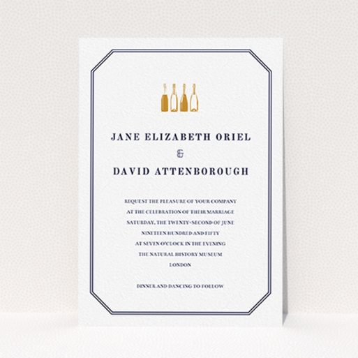 A personalised wedding invite called "See you at the reception". It is an A6 invite in a portrait orientation. "See you at the reception" is available as a flat invite, with tones of navy blue and white.