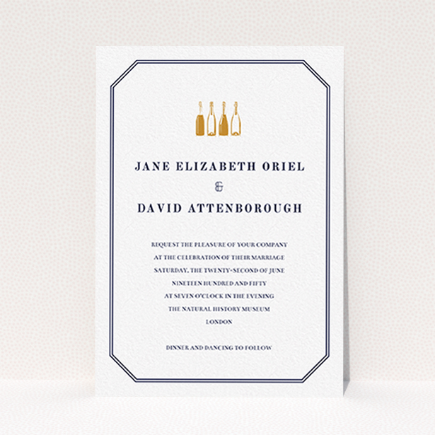A personalised wedding invite called "See you at the reception". It is an A6 invite in a portrait orientation. "See you at the reception" is available as a flat invite, with tones of navy blue and white.