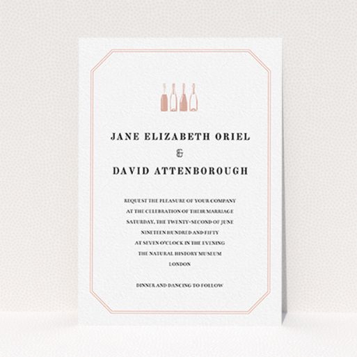 A personalised wedding invite design named "See you at the reception". It is an A6 invite in a portrait orientation. "See you at the reception" is available as a flat invite, with tones of pink and white.