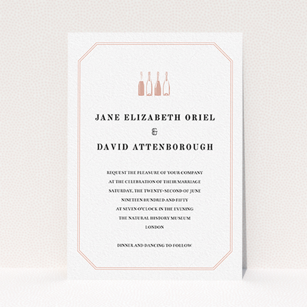 A personalised wedding invite design named "See you at the reception". It is an A6 invite in a portrait orientation. "See you at the reception" is available as a flat invite, with tones of pink and white.