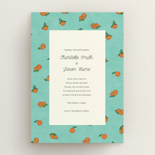 A personalised wedding invite template titled "Seville". It is an A5 invite in a portrait orientation. "Seville" is available as a flat invite, with tones of orange and blue.