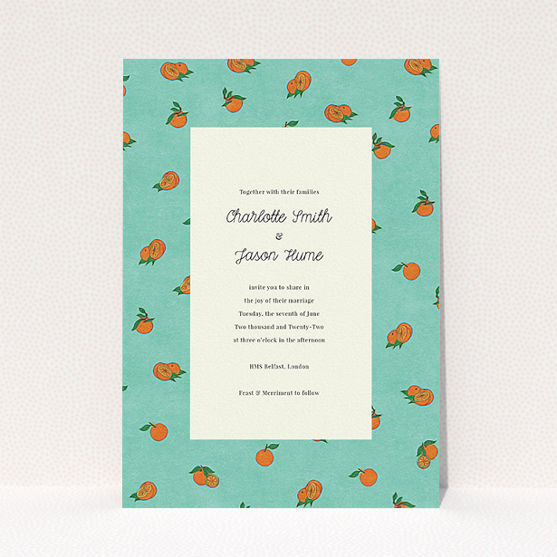 A personalised wedding invite template titled "Seville". It is an A5 invite in a portrait orientation. "Seville" is available as a flat invite, with tones of orange and blue.