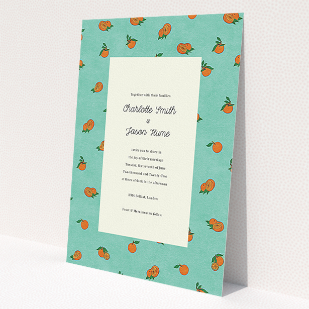 A personalised wedding invite template titled "Seville". It is an A5 invite in a portrait orientation. "Seville" is available as a flat invite, with tones of orange and blue.