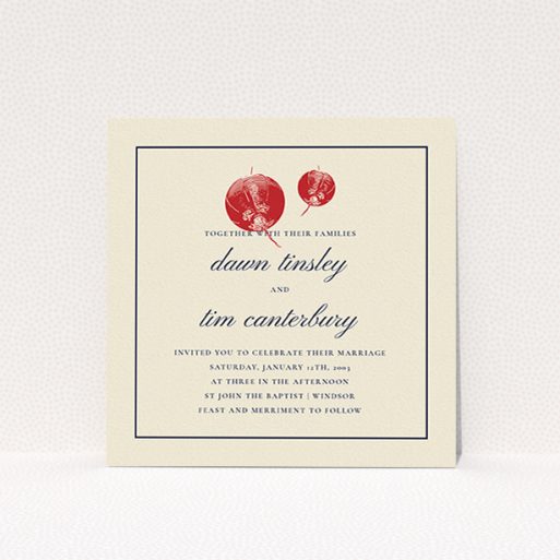 A personalised wedding invite named "Shanghai Nights". It is a square (148mm x 148mm) invite in a square orientation. "Shanghai Nights" is available as a flat invite, with tones of cream, red and navy blue.
