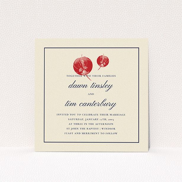 A personalised wedding invite named "Shanghai Nights". It is a square (148mm x 148mm) invite in a square orientation. "Shanghai Nights" is available as a flat invite, with tones of cream, red and navy blue.
