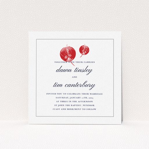 A personalised wedding invite design called "Shanghai Nights". It is a square (148mm x 148mm) invite in a square orientation. "Shanghai Nights" is available as a flat invite, with tones of white, red and grey.