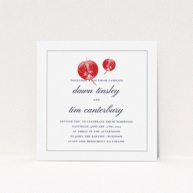A personalised wedding invite design called "Shanghai Nights". It is a square (148mm x 148mm) invite in a square orientation. "Shanghai Nights" is available as a flat invite, with tones of white, red and grey.