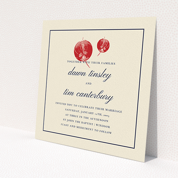 A personalised wedding invite named "Shanghai Nights". It is a square (148mm x 148mm) invite in a square orientation. "Shanghai Nights" is available as a flat invite, with tones of cream, red and navy blue.
