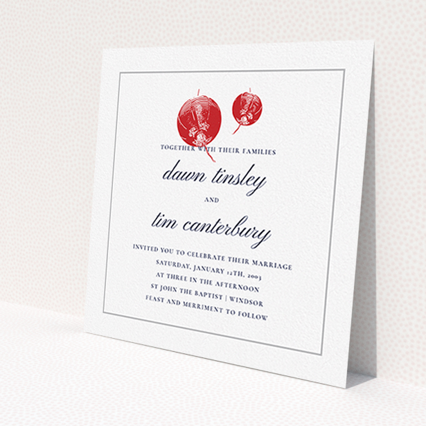 A personalised wedding invite design called "Shanghai Nights". It is a square (148mm x 148mm) invite in a square orientation. "Shanghai Nights" is available as a flat invite, with tones of white, red and grey.