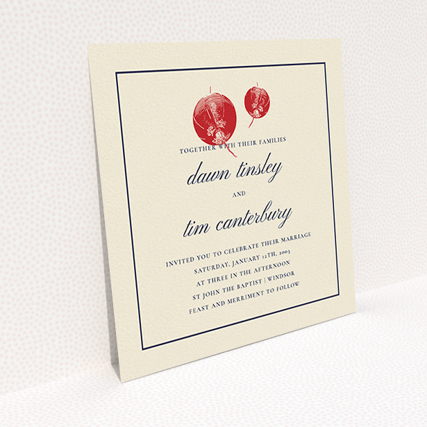 A personalised wedding invite named "Shanghai Nights". It is a square (148mm x 148mm) invite in a square orientation. "Shanghai Nights" is available as a flat invite, with tones of cream, red and navy blue.