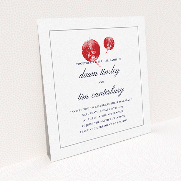 A personalised wedding invite design called "Shanghai Nights". It is a square (148mm x 148mm) invite in a square orientation. "Shanghai Nights" is available as a flat invite, with tones of white, red and grey.