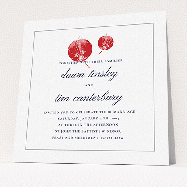 A personalised wedding invite design called "Shanghai Nights". It is a square (148mm x 148mm) invite in a square orientation. "Shanghai Nights" is available as a flat invite, with tones of white, red and grey.