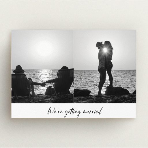 A personalised wedding invite template titled "Side By Side Photo". It is an A5 invite in a landscape orientation. It is a photographic personalised wedding invite with room for 2 photos. "Side By Side Photo" is available as a flat invite, with mainly white colouring.