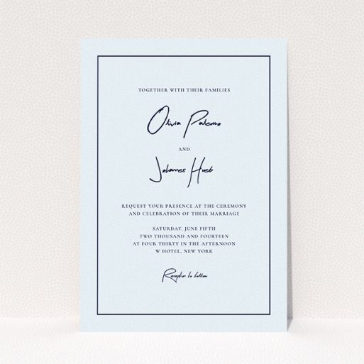 A personalised wedding invite design named "Signature script". It is an A5 invite in a portrait orientation. "Signature script" is available as a flat invite, with mainly light blue colouring.