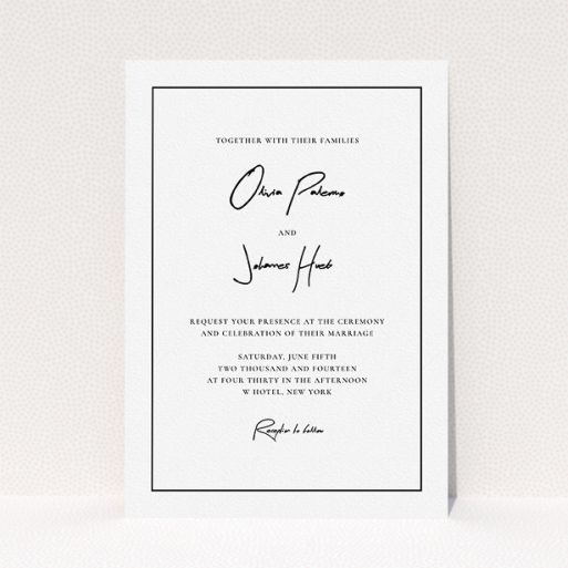 A personalised wedding invite design called "Signature script". It is an A5 invite in a portrait orientation. "Signature script" is available as a flat invite, with mainly white colouring.