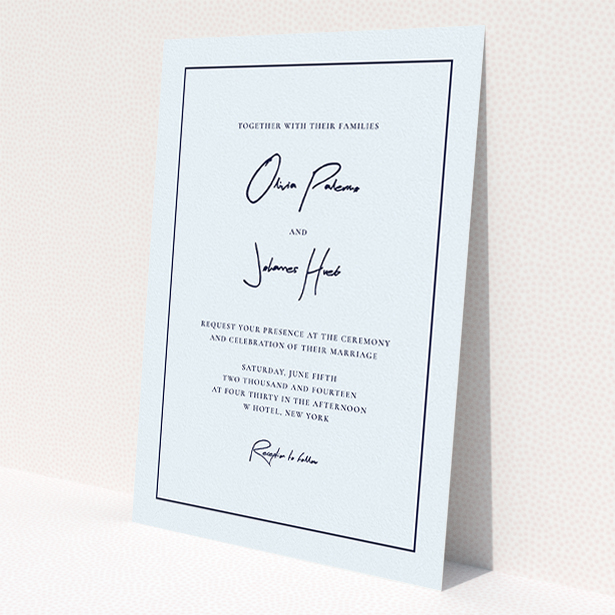 A personalised wedding invite design named 'Signature script'. It is an A5 invite in a portrait orientation. 'Signature script' is available as a flat invite, with mainly light blue colouring.