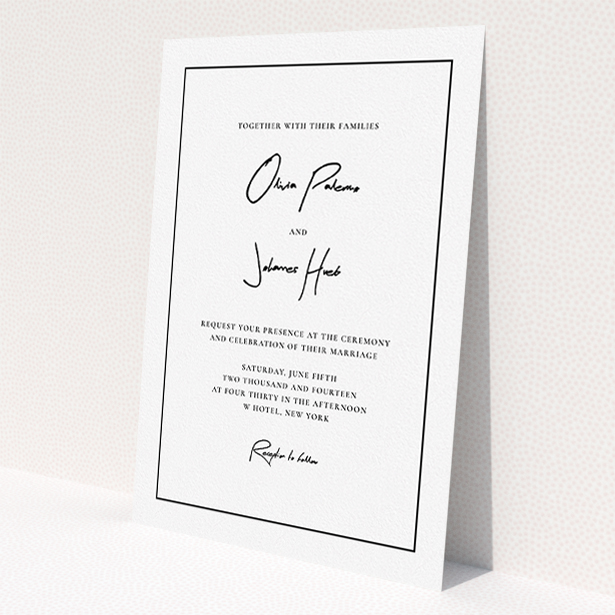 A personalised wedding invite design called 'Signature script'. It is an A5 invite in a portrait orientation. 'Signature script' is available as a flat invite, with mainly white colouring.