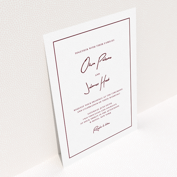 A personalised wedding invite called "Signature script". It is an A5 invite in a portrait orientation. "Signature script" is available as a flat invite, with tones of white and burgundy.
