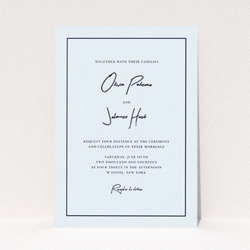 A personalised wedding invite template titled "Signature script". It is an A6 invite in a portrait orientation. "Signature script" is available as a flat invite, with mainly light blue colouring.