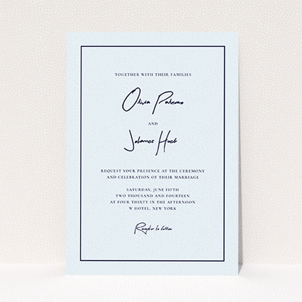 A personalised wedding invite template titled "Signature script". It is an A6 invite in a portrait orientation. "Signature script" is available as a flat invite, with mainly light blue colouring.