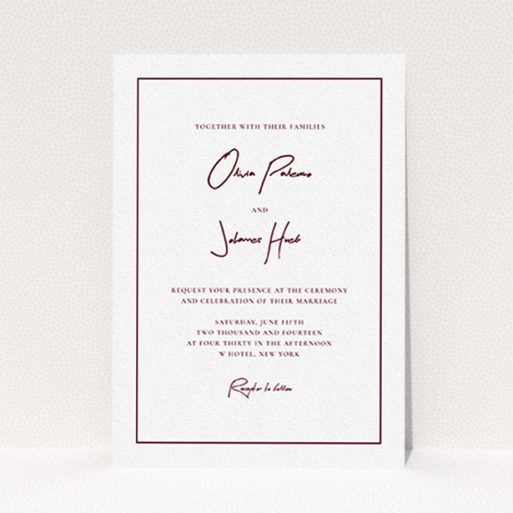 A personalised wedding invite named "Signature script". It is an A6 invite in a portrait orientation. "Signature script" is available as a flat invite, with tones of white and burgundy.