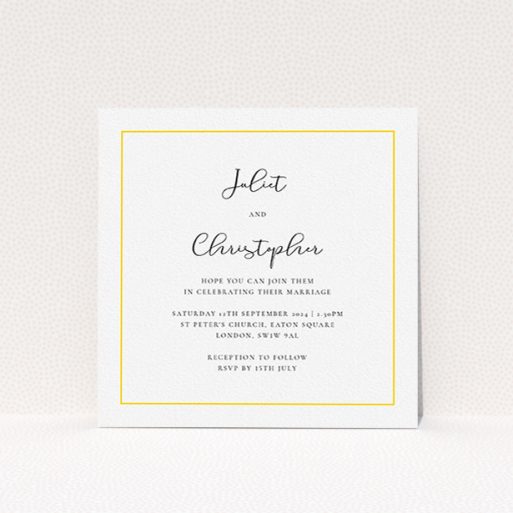 A personalised wedding invite design named "Simple As". It is a square (148mm x 148mm) invite in a square orientation. "Simple As" is available as a flat invite, with tones of white and yellow.