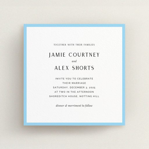 A personalised wedding invite design named "Simple Blue". It is a square (148mm x 148mm) invite in a square orientation. "Simple Blue" is available as a flat invite, with tones of blue and white.