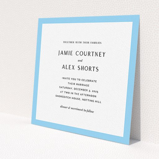 A personalised wedding invite design named 'Simple Blue'. It is a square (148mm x 148mm) invite in a square orientation. 'Simple Blue' is available as a flat invite, with tones of blue and white.