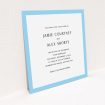 A personalised wedding invite design named "Simple Blue". It is a square (148mm x 148mm) invite in a square orientation. "Simple Blue" is available as a flat invite, with tones of blue and white.