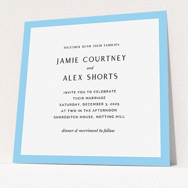 A personalised wedding invite design named "Simple Blue". It is a square (148mm x 148mm) invite in a square orientation. "Simple Blue" is available as a flat invite, with tones of blue and white.