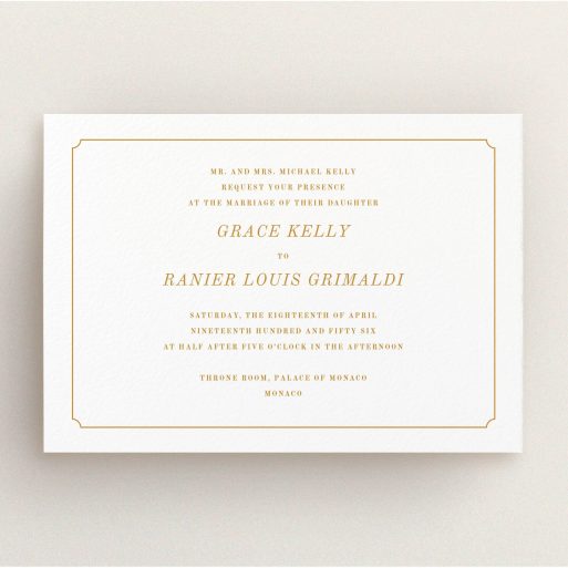 A personalised wedding invite named "Simple circle border". It is an A5 invite in a landscape orientation. "Simple circle border" is available as a flat invite, with tones of white and orange.